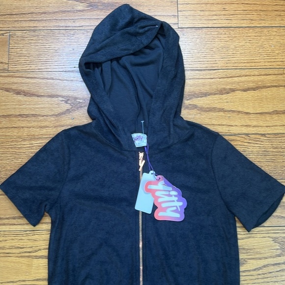 Yitty Black Rayon Y2K Vintage Short Sleeve Hoodie Romper b8 - Picture 2 of 5